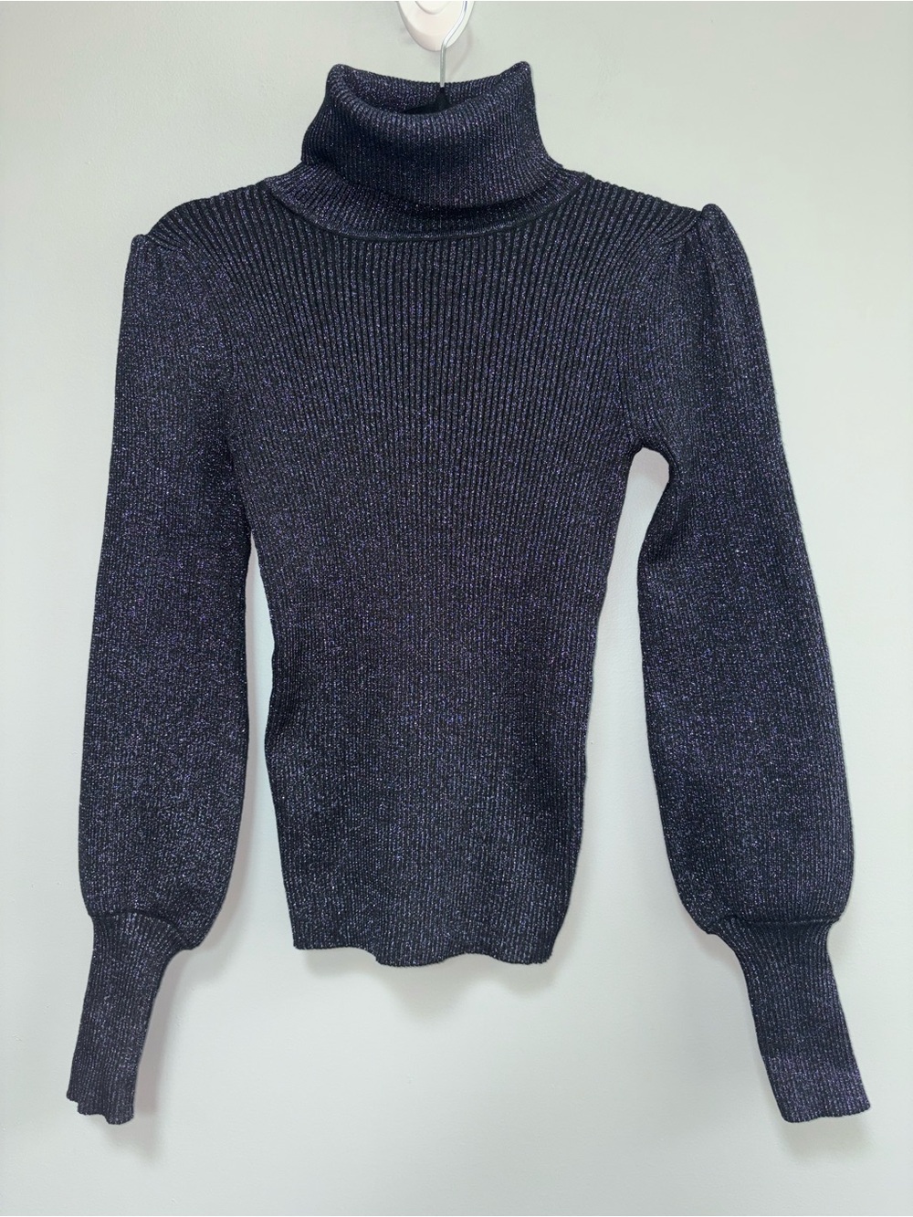 Carmen Marc Valvo Black & Dark Blue Metallic Shimmer Ribbed Turtleneck Size XS - Picture 2 of 8